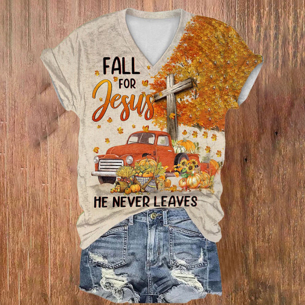 Fall For Jesus He Never Leaves V-Neck T-Shirt