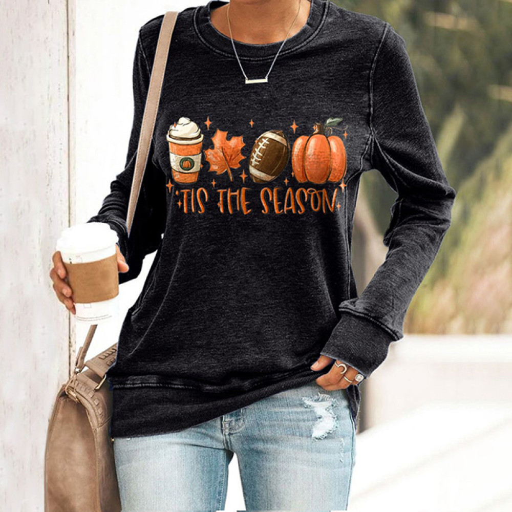 Football Tis The Season Pumpkin Maple Leaf Print Sweatshirt