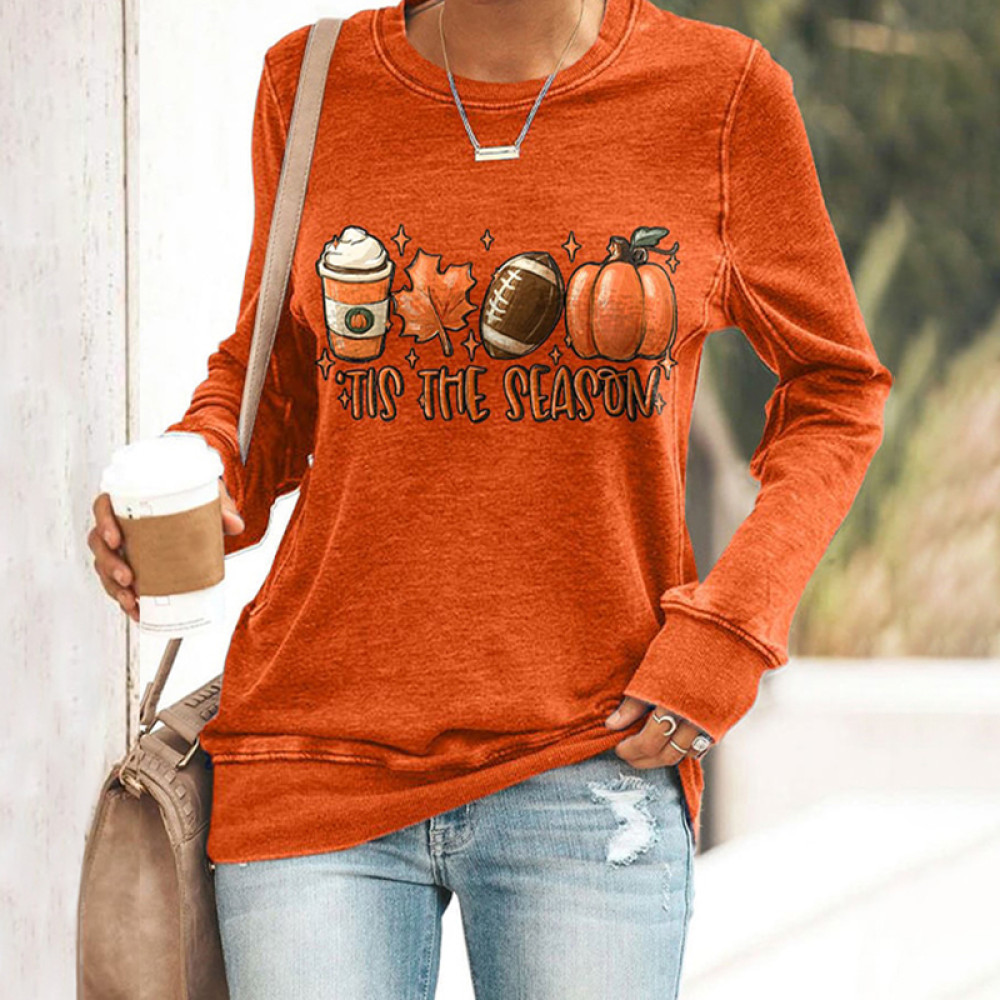 Football Tis The Season Pumpkin Maple Leaf Print Sweatshirt