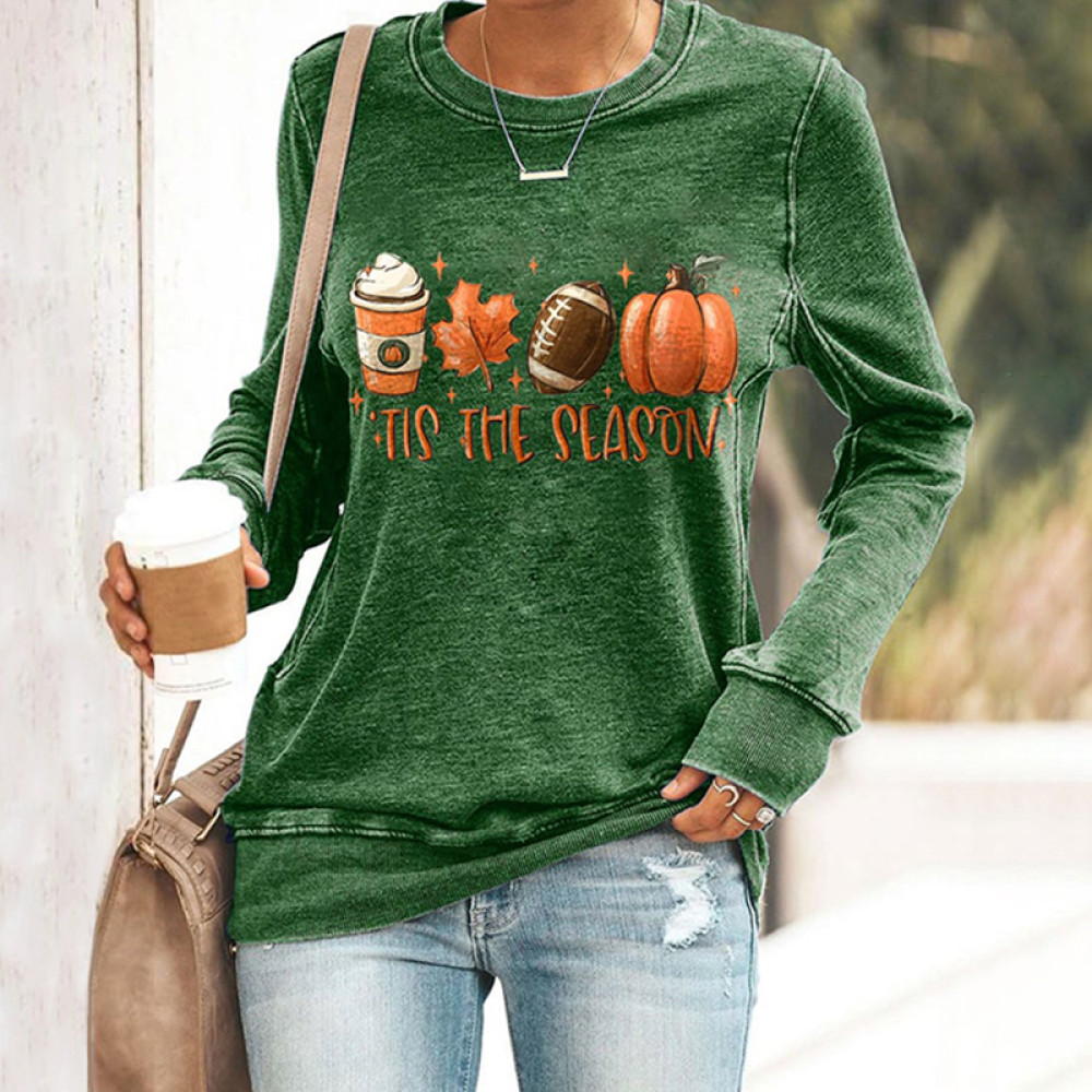 Football Tis The Season Pumpkin Maple Leaf Print Sweatshirt
