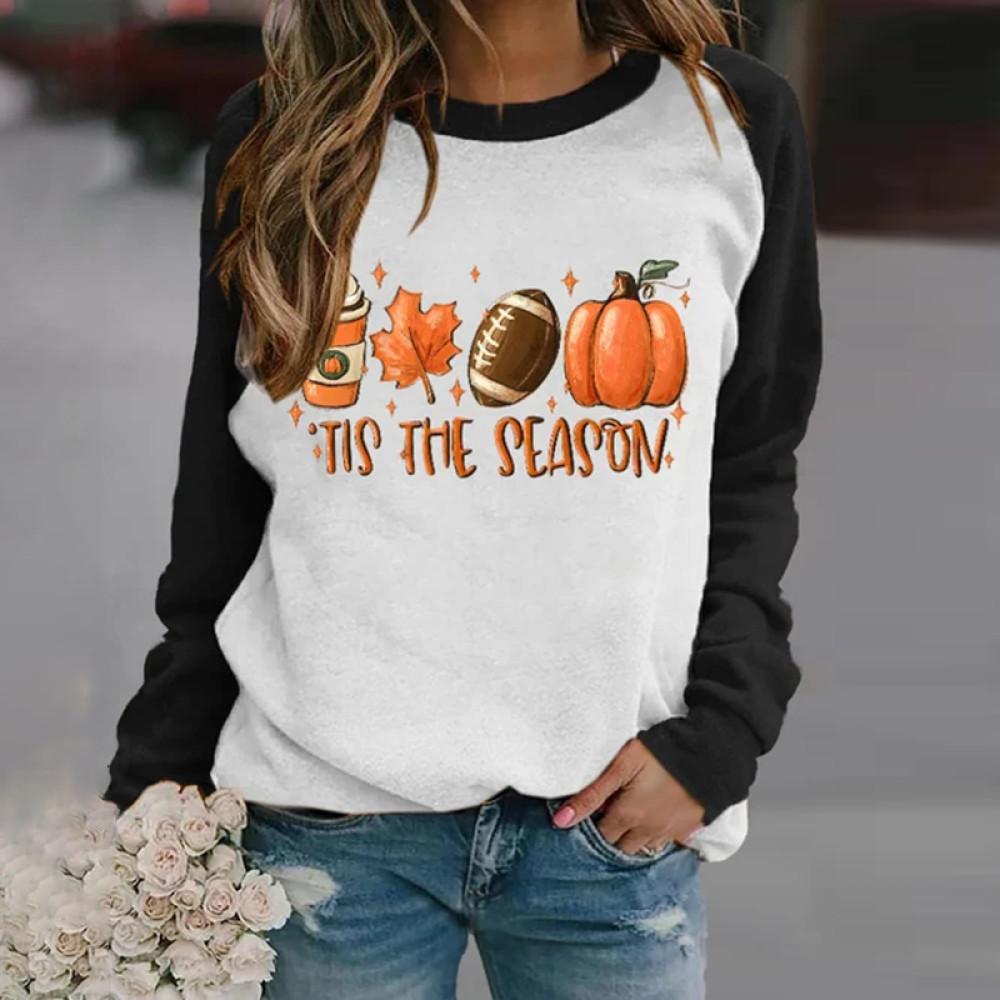 Football Tis The Season Pumpkin Maple Leaf Print Sweatshirt