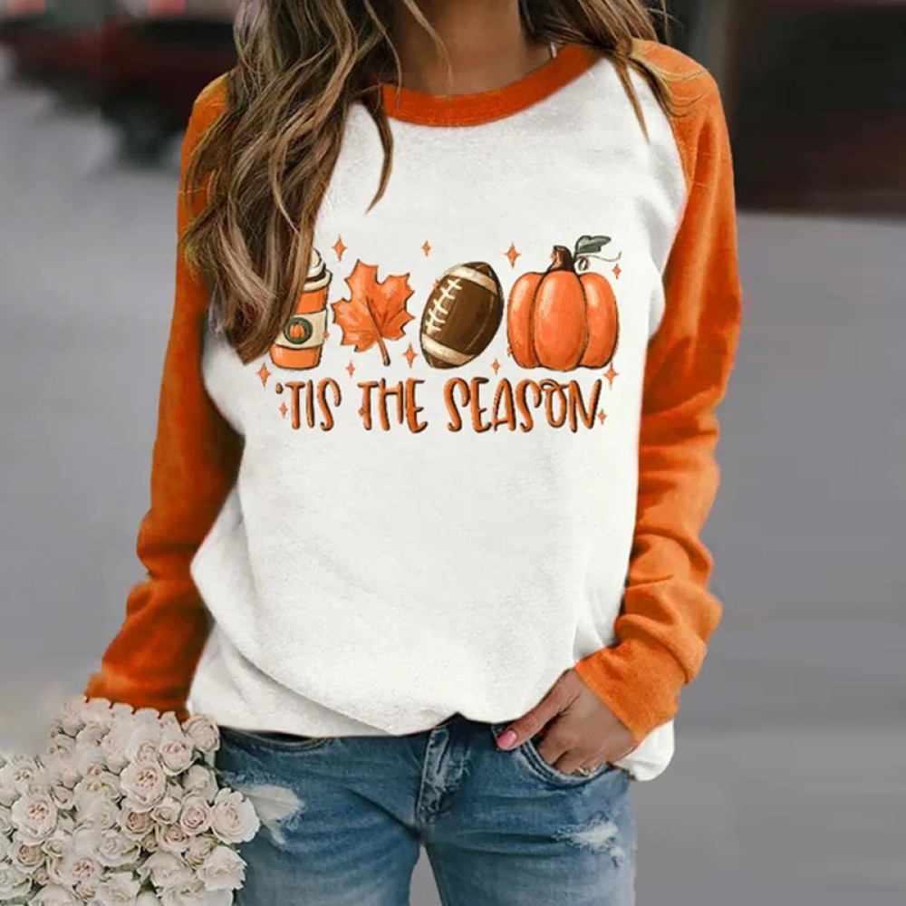 Football Tis The Season Pumpkin Maple Leaf Print Sweatshirt