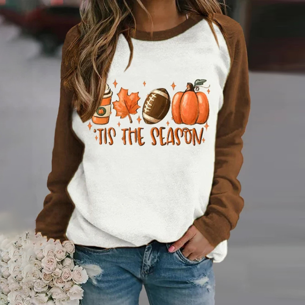 Football Tis The Season Pumpkin Maple Leaf Print Sweatshirt