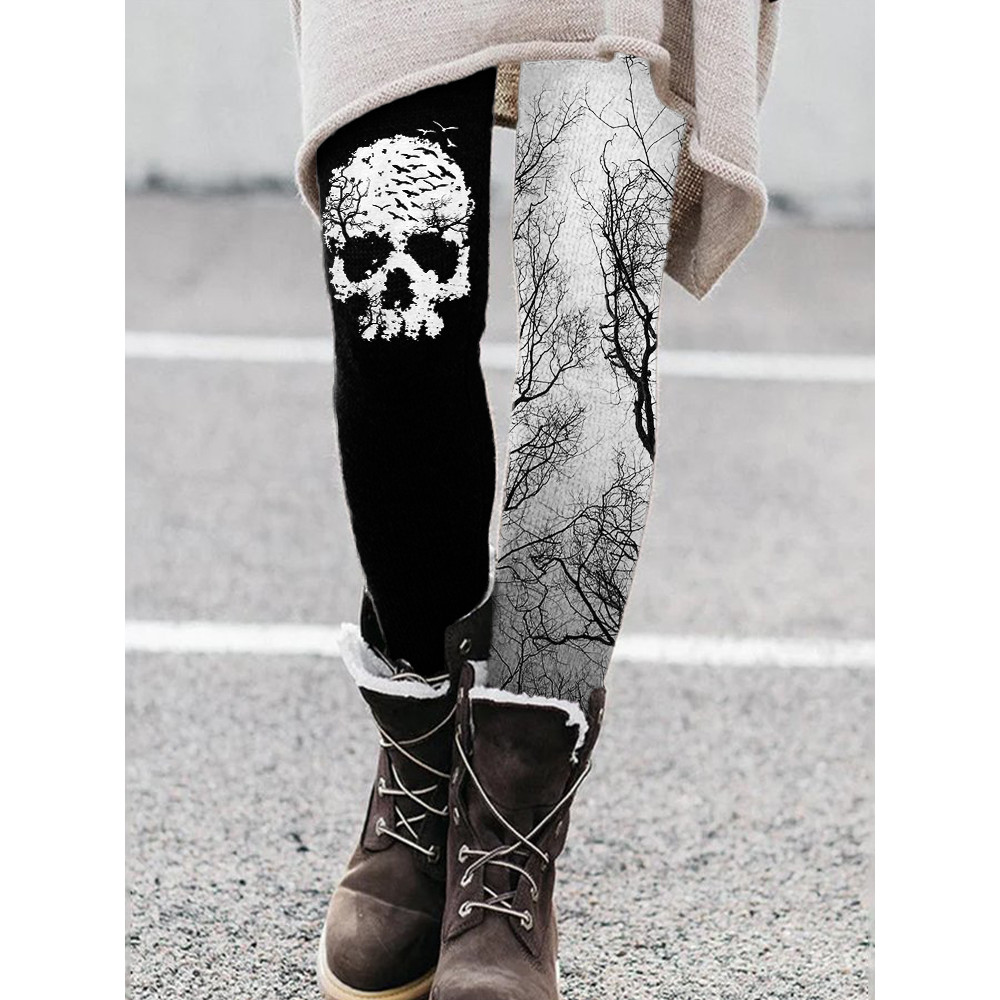 Forest Inspired Spooky Skull Contrast Leggings