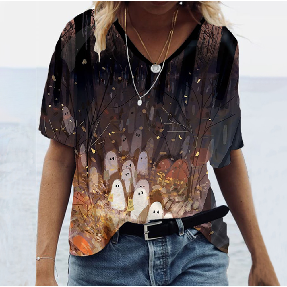 Ghost Halloween Gradient Print Casual T-Shirt