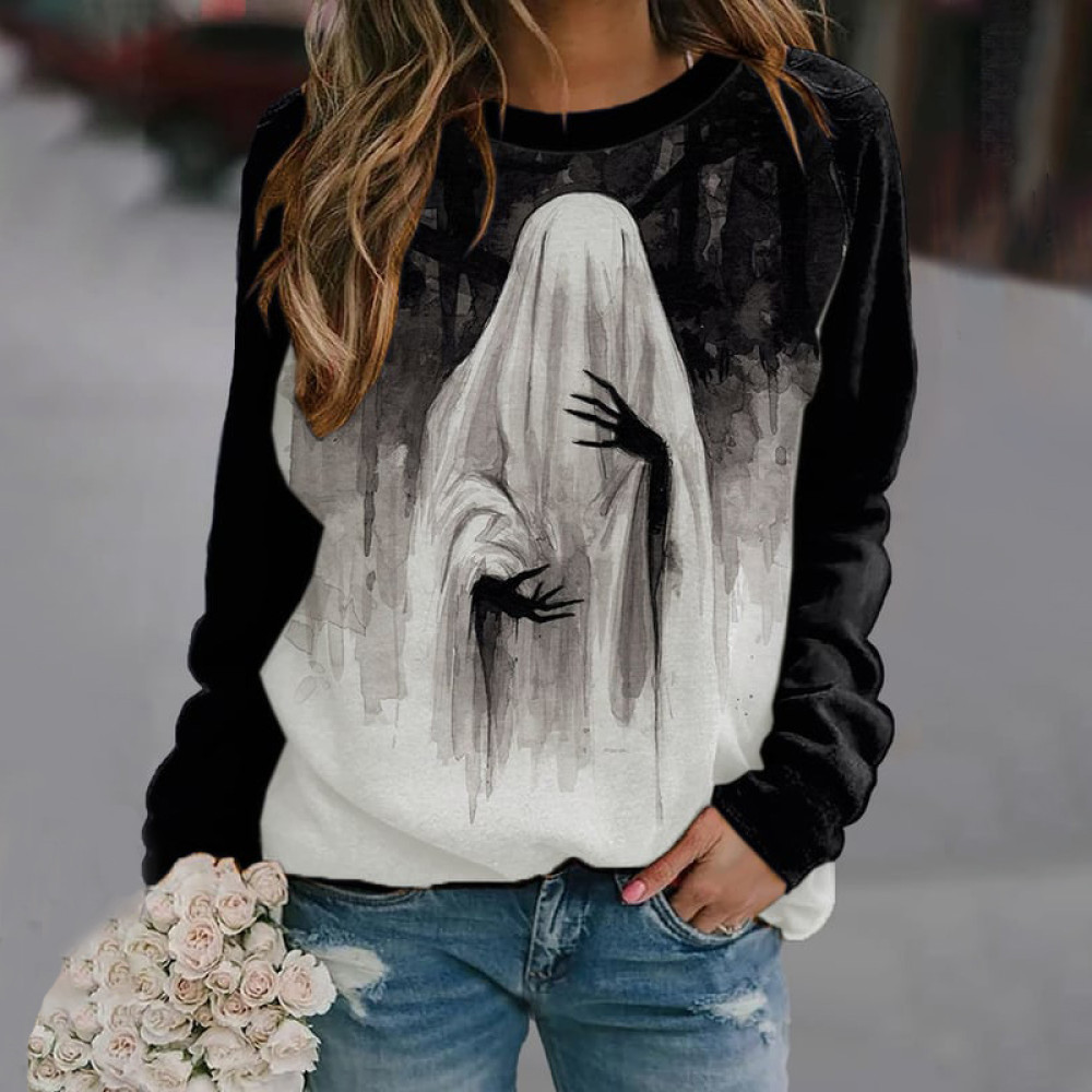 Ghost Halloween Print Contrast Color Long Sleeve Sweatshirt