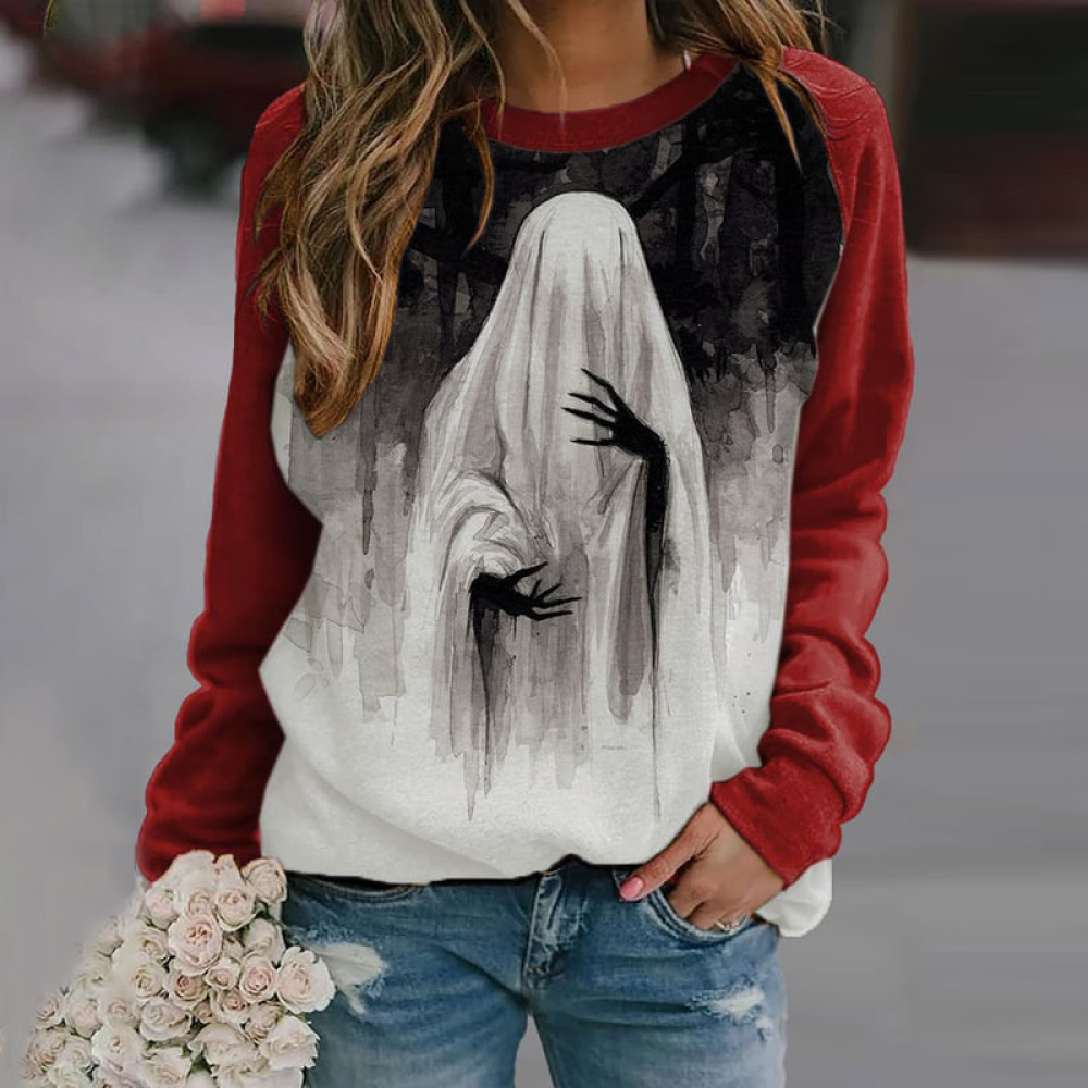 Ghost Halloween Print Contrast Color Long Sleeve Sweatshirt