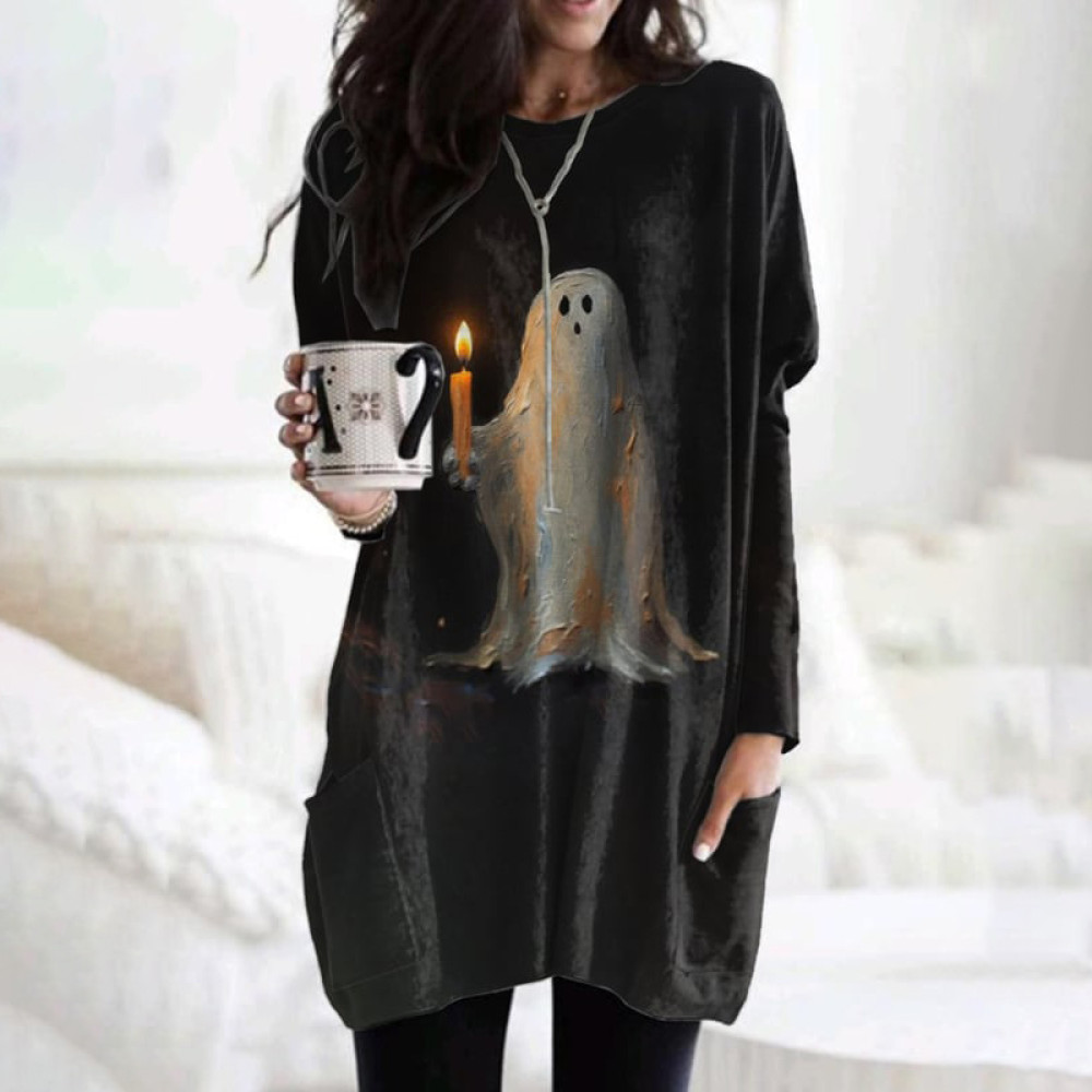 Ghost Halloween Print Crew Neck Casual Tunic