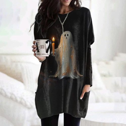 Ghost Halloween Print Crew Neck Casual Tunic