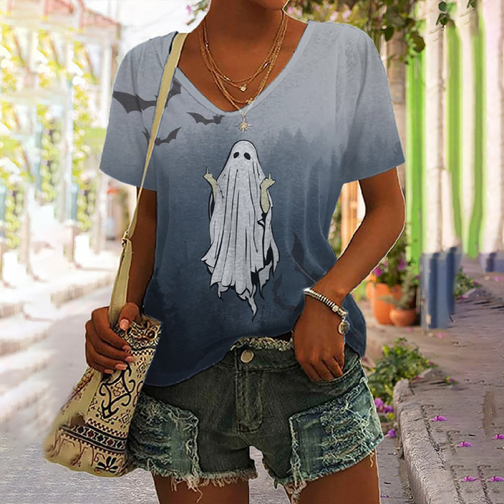 Ghost Halloween Print V-Neck Short Sleeved T-Shirt