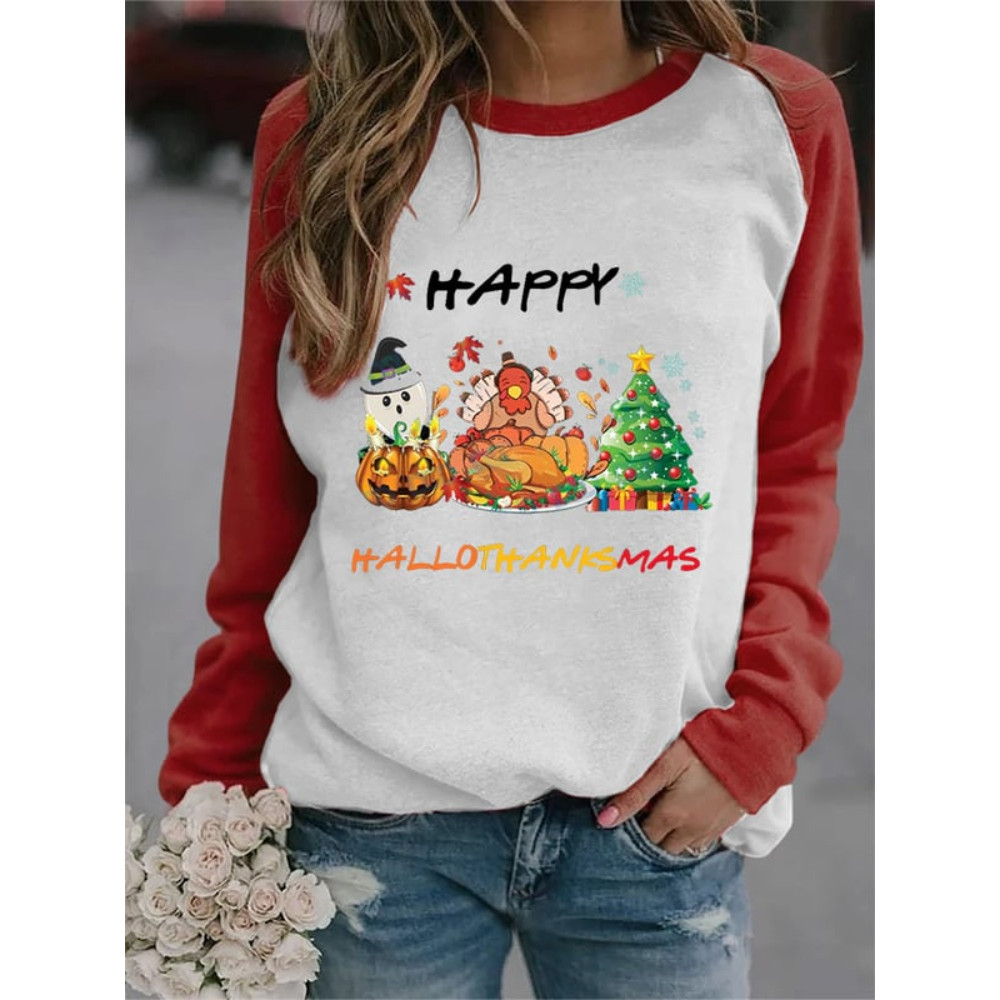 Ghost Turkey Christmas Tree Print Contrast Sweatshirt
