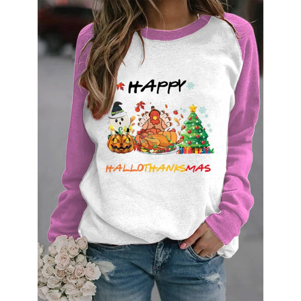 Ghost Turkey Christmas Tree Print Contrast Sweatshirt