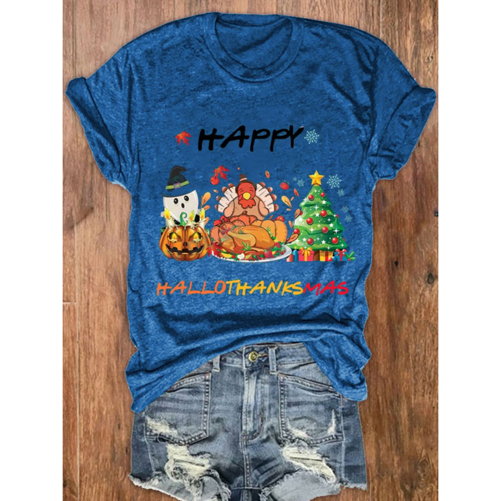 Ghost Turkey Christmas Tree Print Crew Neck T Shirt