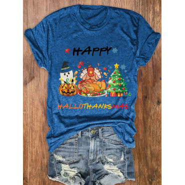 Ghost Turkey Christmas Tree Print Crew Neck T Shirt