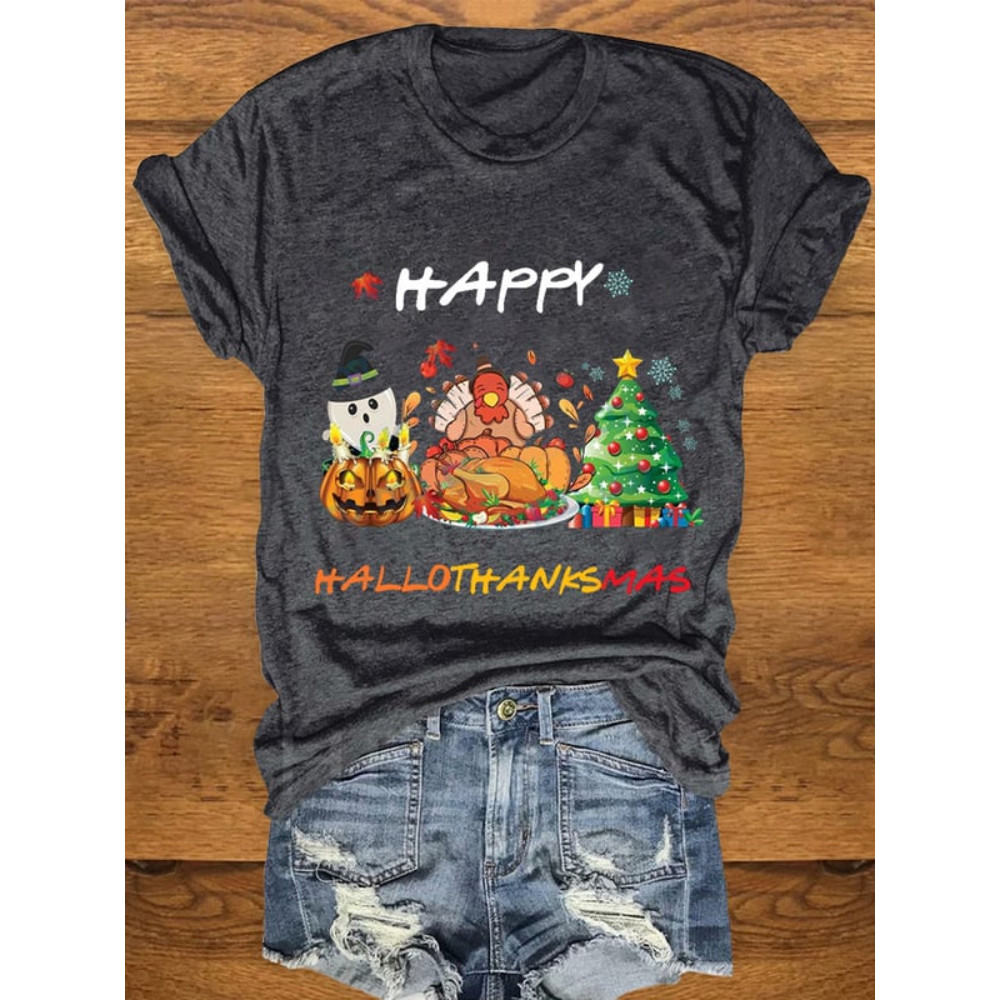 Ghost Turkey Christmas Tree Print Crew Neck T Shirt