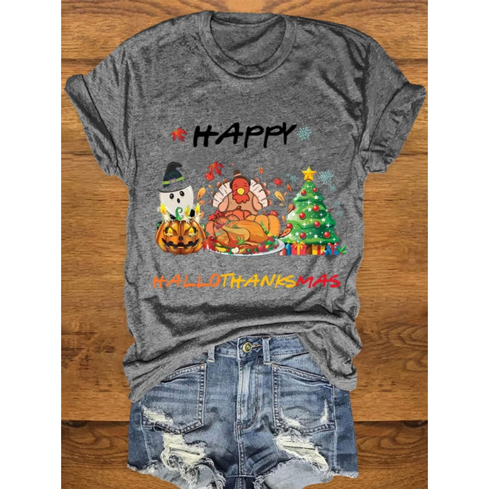 Ghost Turkey Christmas Tree Print Crew Neck T Shirt