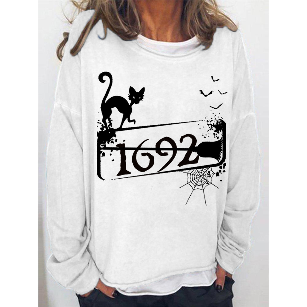 Halloween 1692 Black Cat Witch Print Sweatshirt