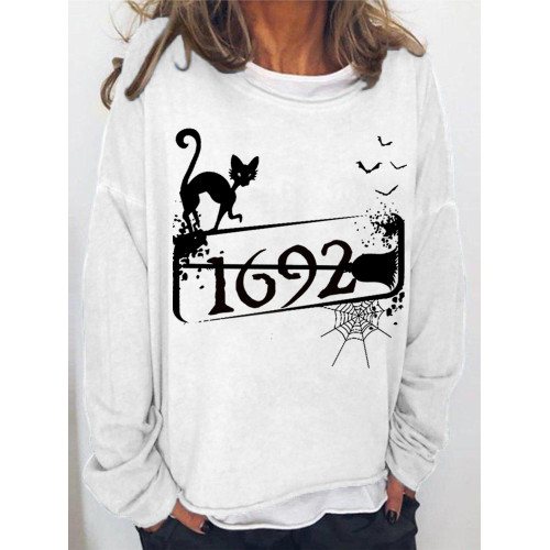 Halloween 1692 Black Cat Witch Print Sweatshirt