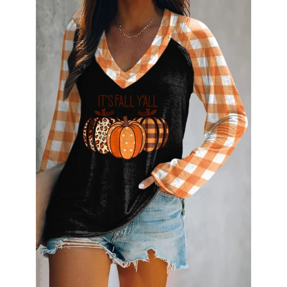 Halloween Bats Print V-neck Long Sleeve Casual T-Shirt