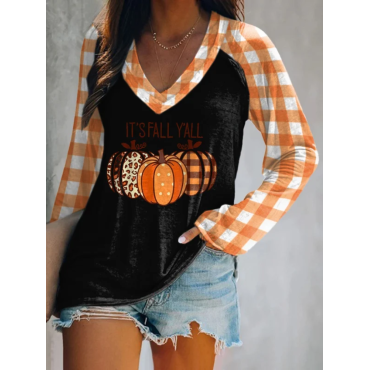 Halloween Bats Print V-neck Long Sleeve Casual T-Shirt