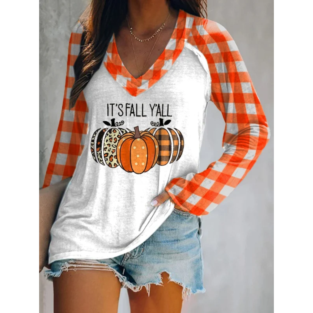 Halloween Bats Print V-neck Long Sleeve Casual T-Shirt