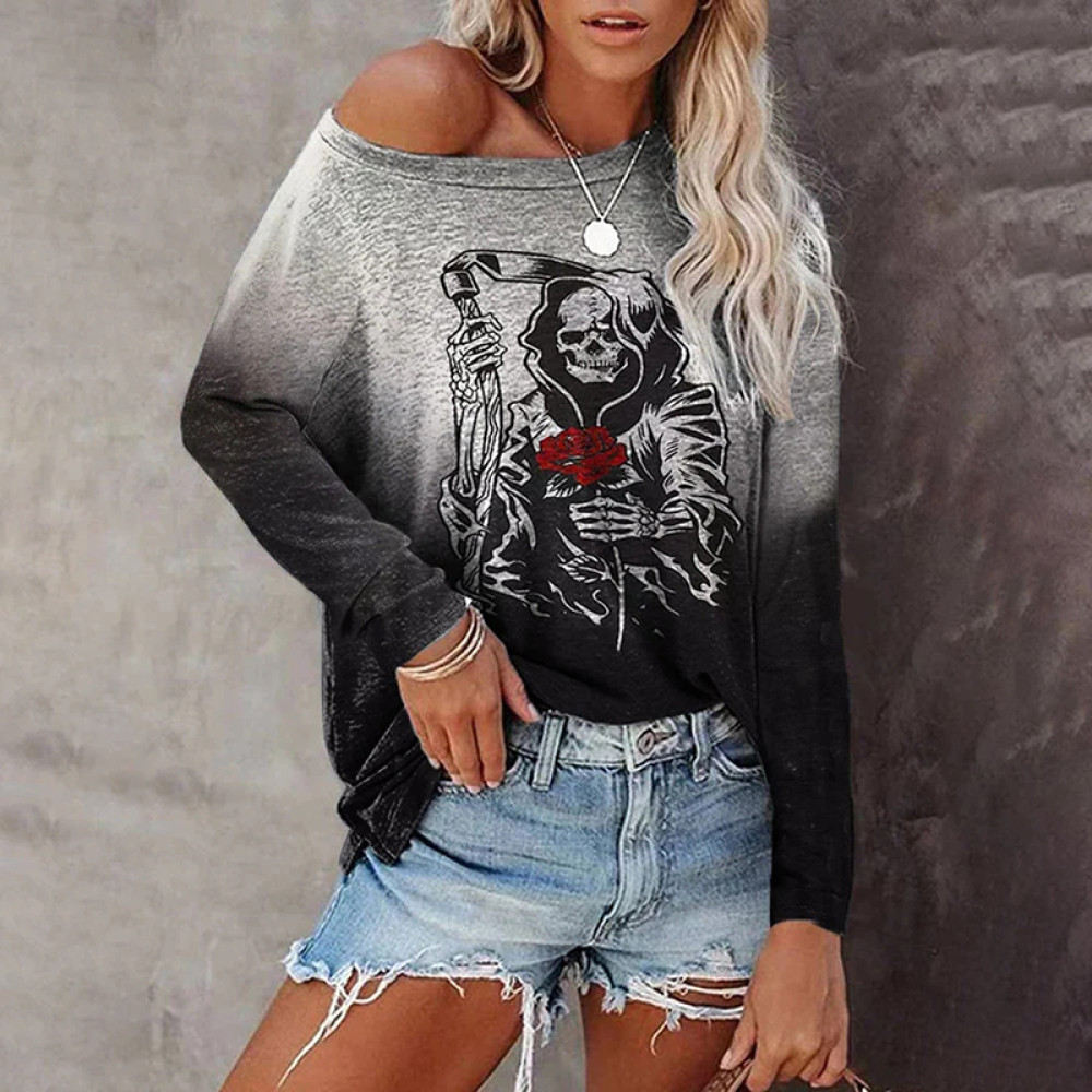 Halloween Beautiful Crazy Rose Skull Print T-Shirt