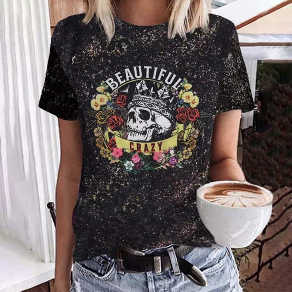 Halloween Beautiful Crazy Rose Skull Print T-Shirt