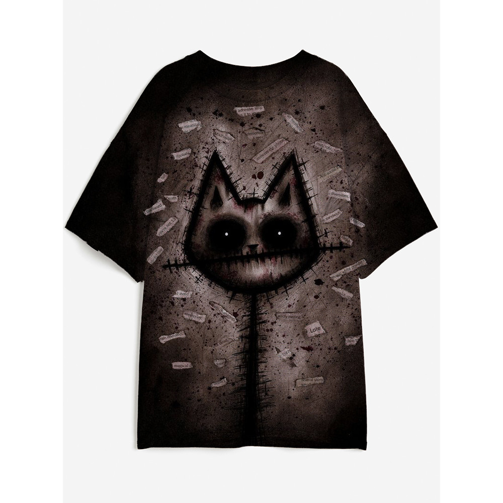 Halloween Black Cat Art Round Neck T Shirt