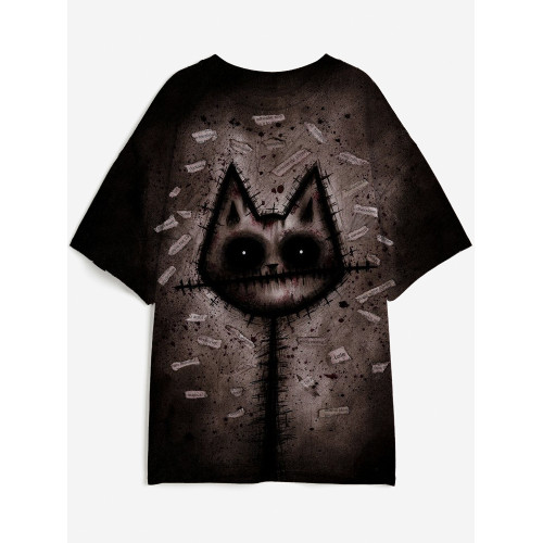 Halloween Black Cat Art Round Neck T Shirt