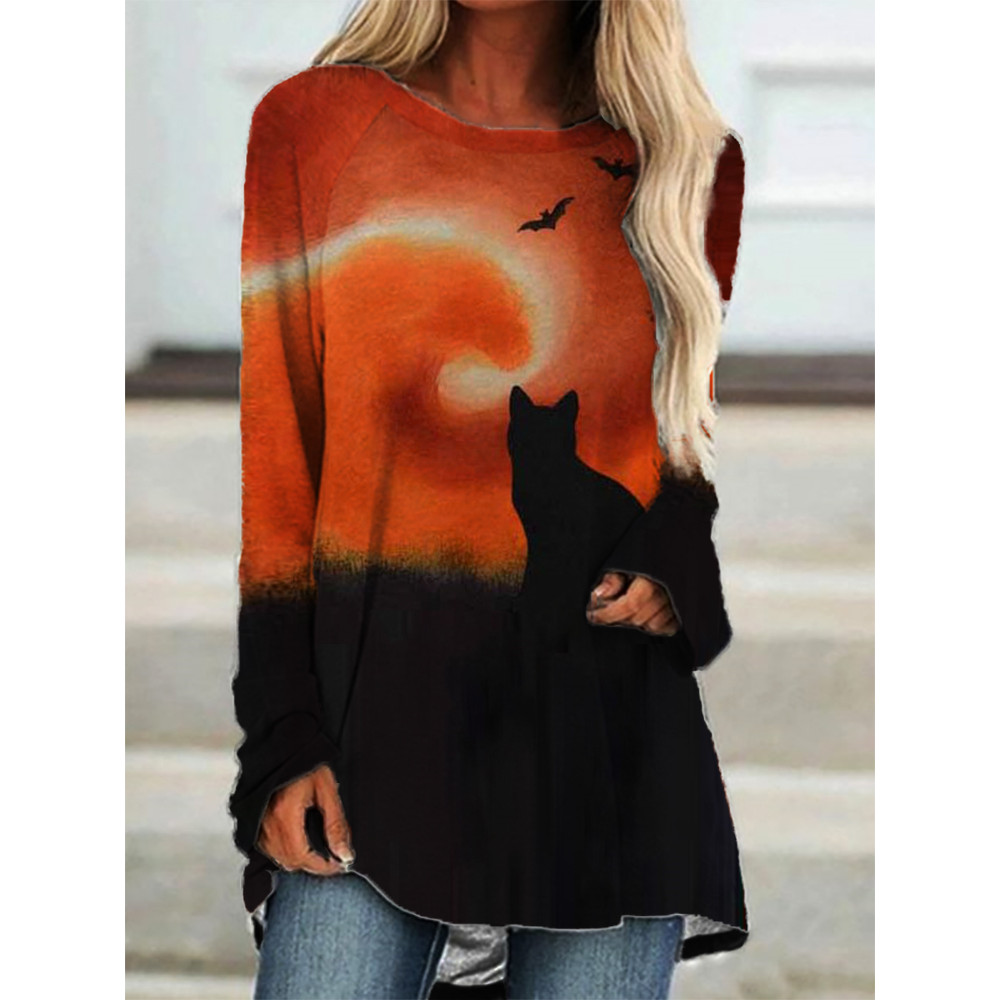 Halloween Black Cat Contrast A Line T Shirt