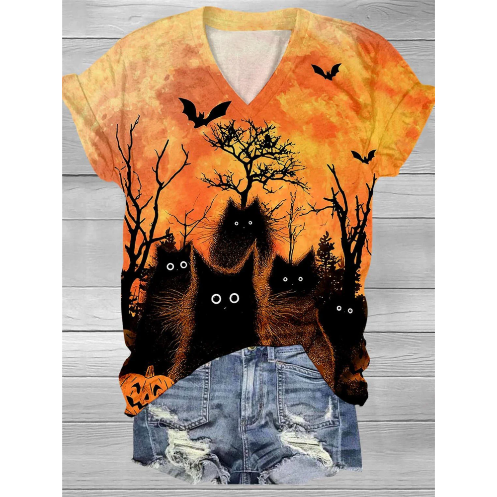 Halloween Black Cat Print V Neck T-Shirt