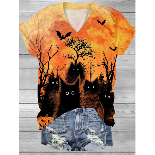 Halloween Black Cat Print V Neck T-Shirt