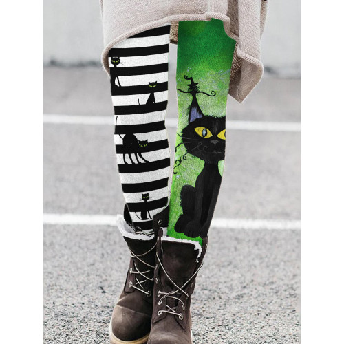 Halloween Black Cat Striped Contrast Color Leggings