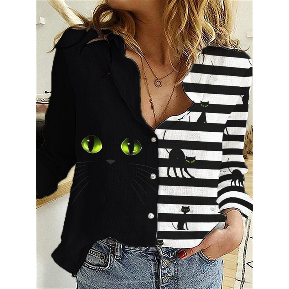 Halloween Black Cat Striped Patchwork Blouse