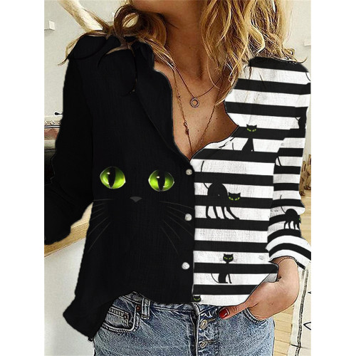 Halloween Black Cat Striped Patchwork Blouse