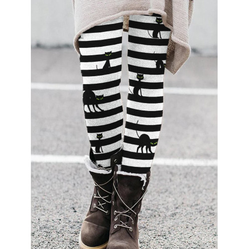 Halloween Black Cats Witch Inspired Striped Leggings