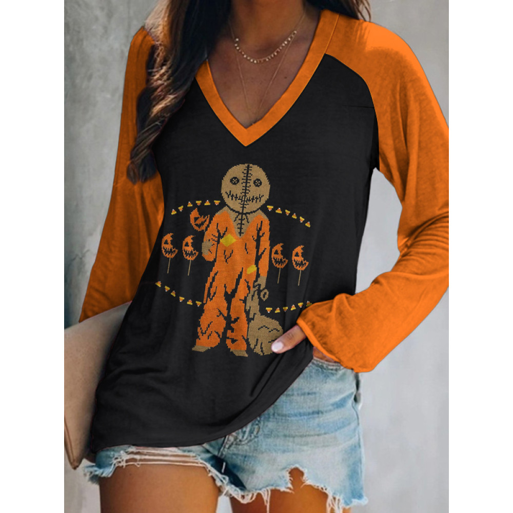 Halloween Cartoon Pumpkin Monster V-Neck Long Sleeve T-Shirt