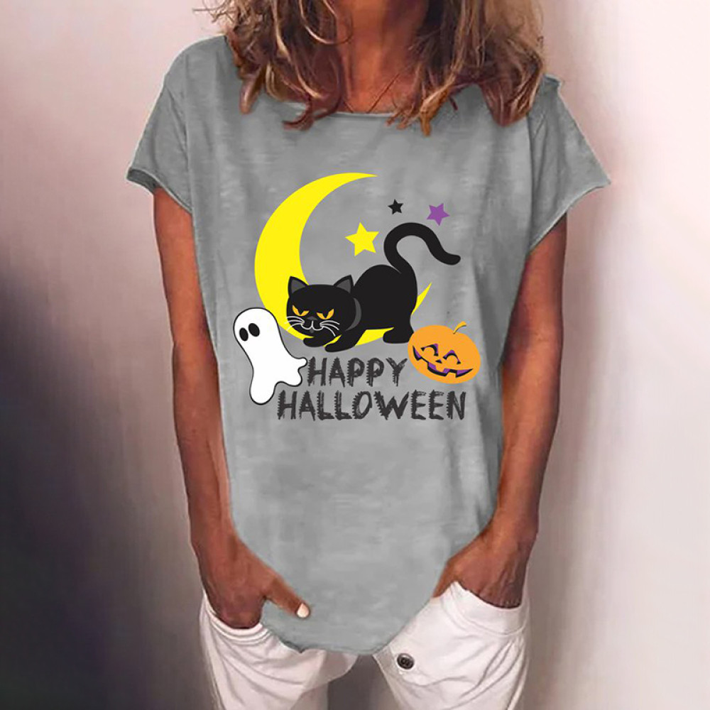 Halloween Cat Print Casual Crewneck T-Shirt
