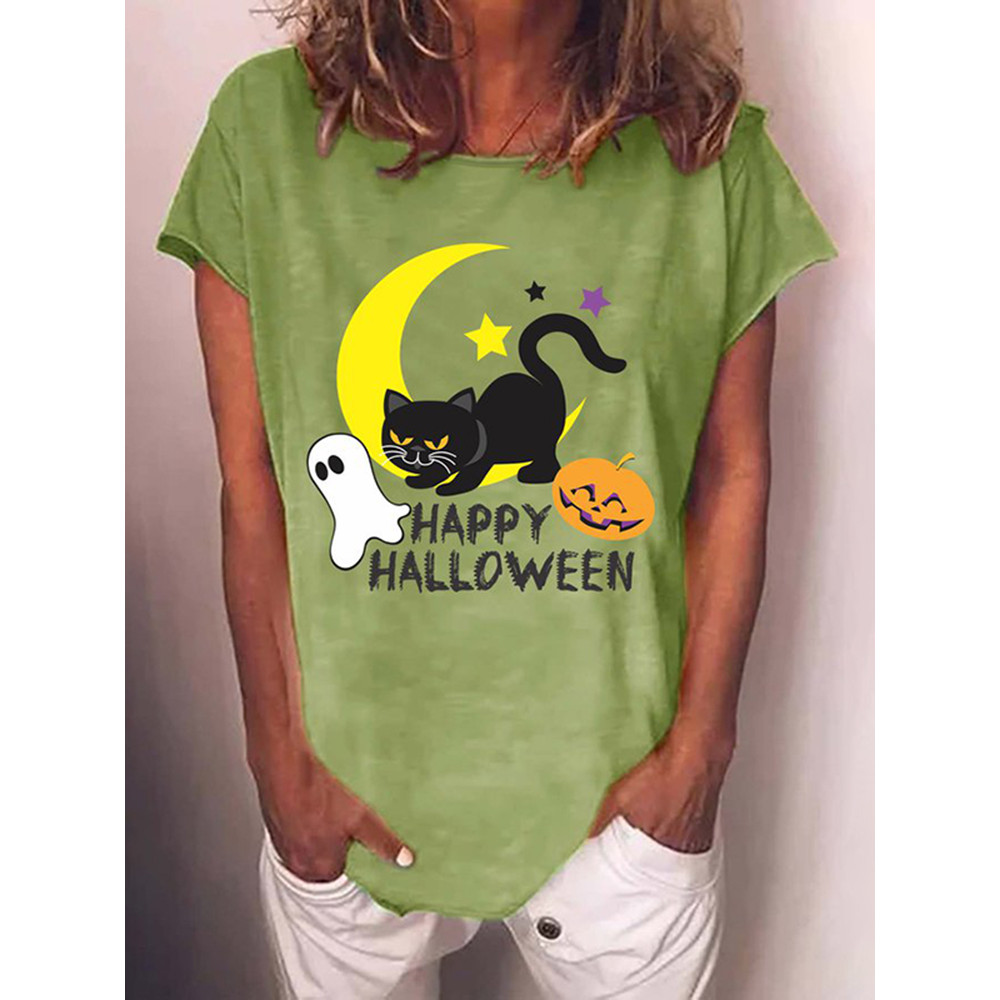 Halloween Cat Print Casual Crewneck T-Shirt