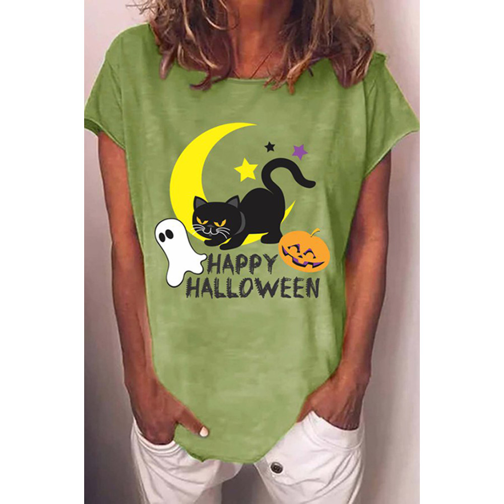 Halloween Cat Print Casual Crewneck T-Shirt
