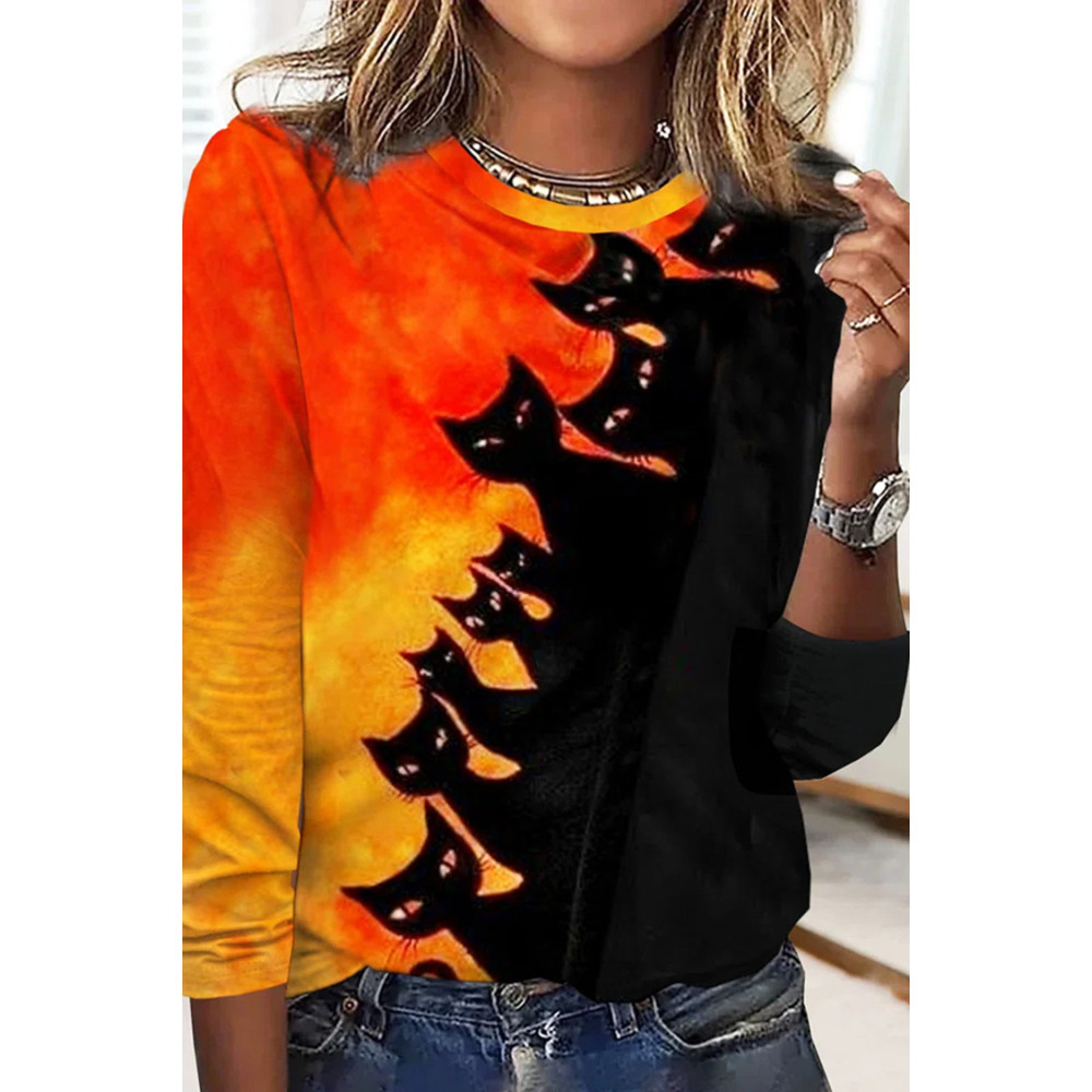 Halloween Cat Print Crew Neck Casual T-Shirt