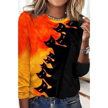 Halloween Cat Print Crew Neck Casual T-Shirt