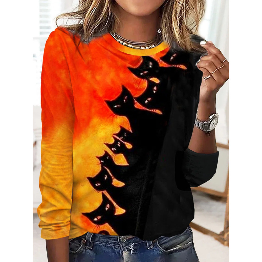 Halloween Cat Print Crew Neck Casual T-Shirt
