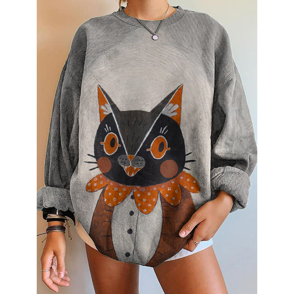 Halloween Cat Print Crew Neck Sweatshirt