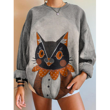 Halloween Cat Print Crew Neck Sweatshirt