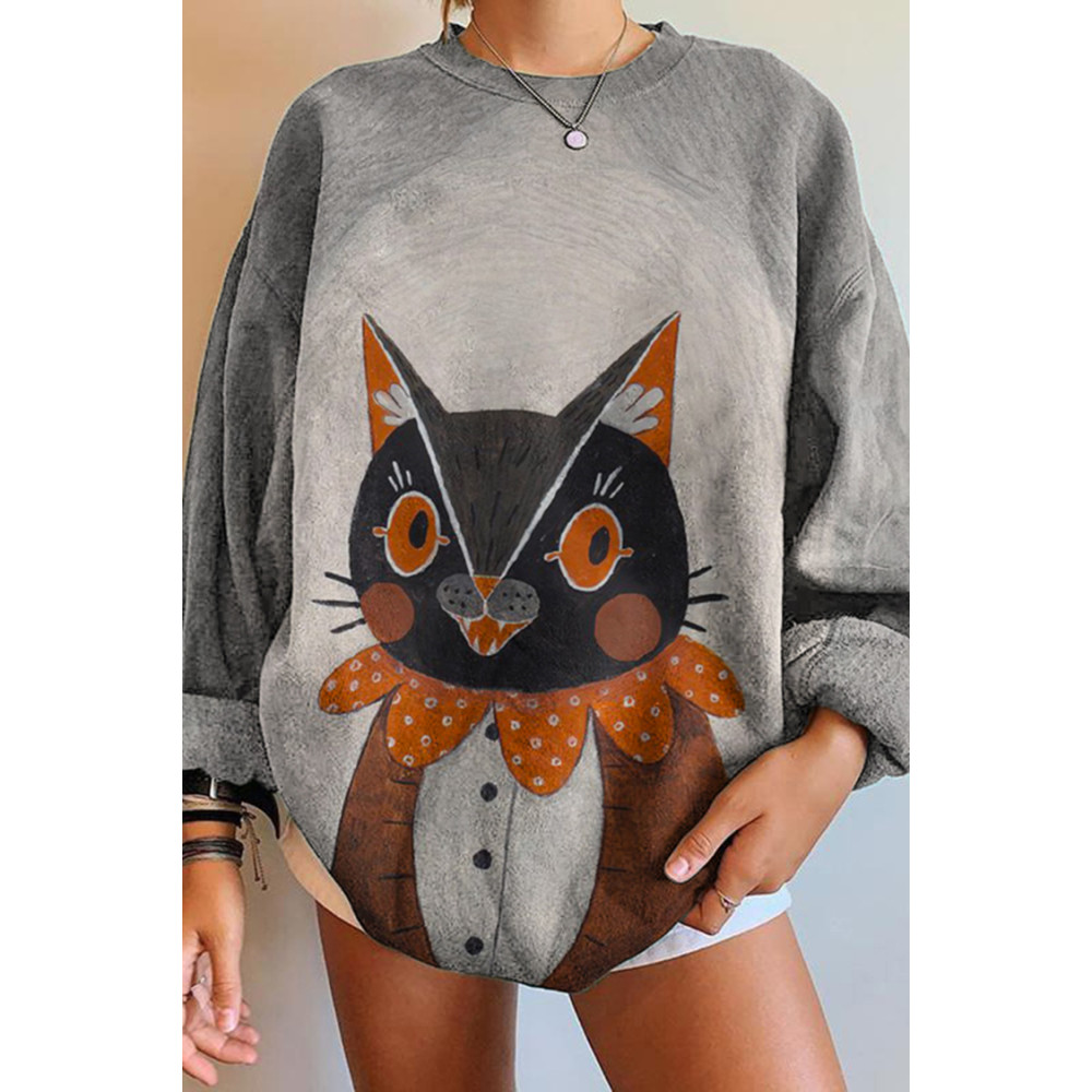 Halloween Cat Print Crew Neck Sweatshirt