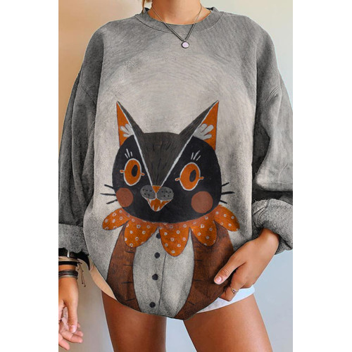 Halloween Cat Print Crew Neck Sweatshirt