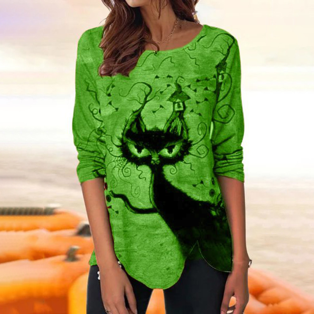 Halloween Cat Print Long Sleeve Casual T-Shirt