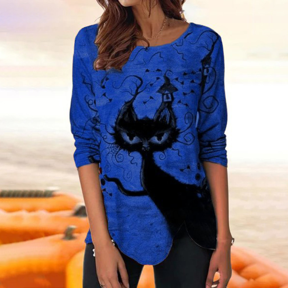 Halloween Cat Print Long Sleeve Casual T-Shirt