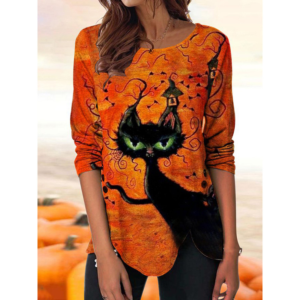 Halloween Cat Print Long Sleeve Casual T-Shirt